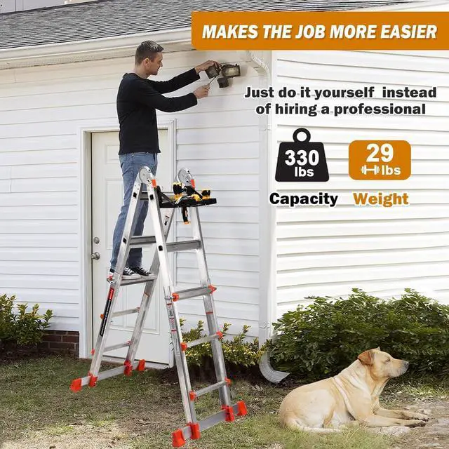 Alt view image 7 of 7 - Ladder, A Frame 4 Step Extension 14.5 Ft with Multi Position & Removable Tool Tray Stabilizer Bar, 330 lbs Weight Rating Telescoping La dder for Household or Outdoor Work by DT