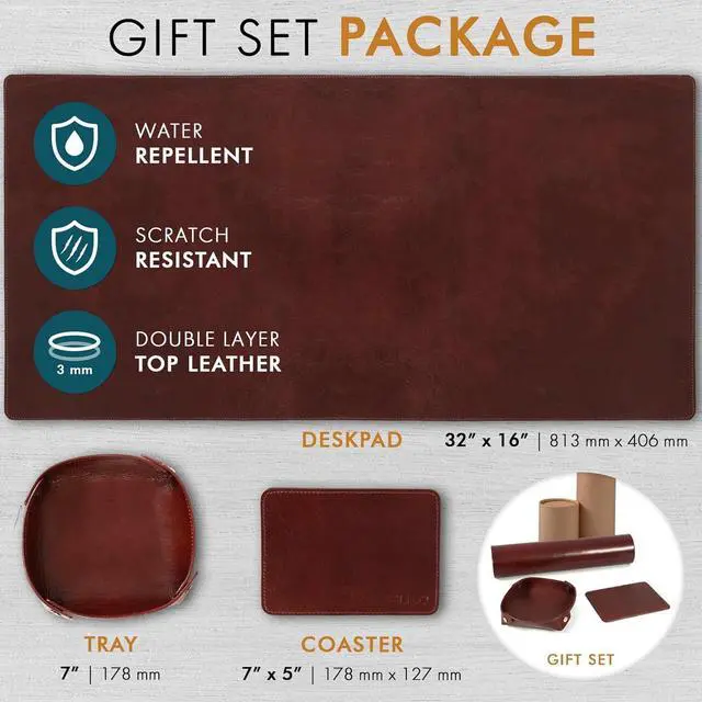 Alt view image 2 of 7 - Leather Desk Mat Pad Blotter Set - Real Full-Grain (32x16) 2-Layer Genuine Cover Protector & Large Mouse | Computer Keyboard Accessories for Office Home by DT