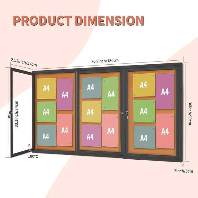 Alt view image 2 of 6 - Enclosed Bulletin Board Lockable,3 Doors Weatherproof Outdoor Noticeboard with Locking Door, Wall-Mounted Anum Framed Presentation Board, 70x36 Inch by DT
