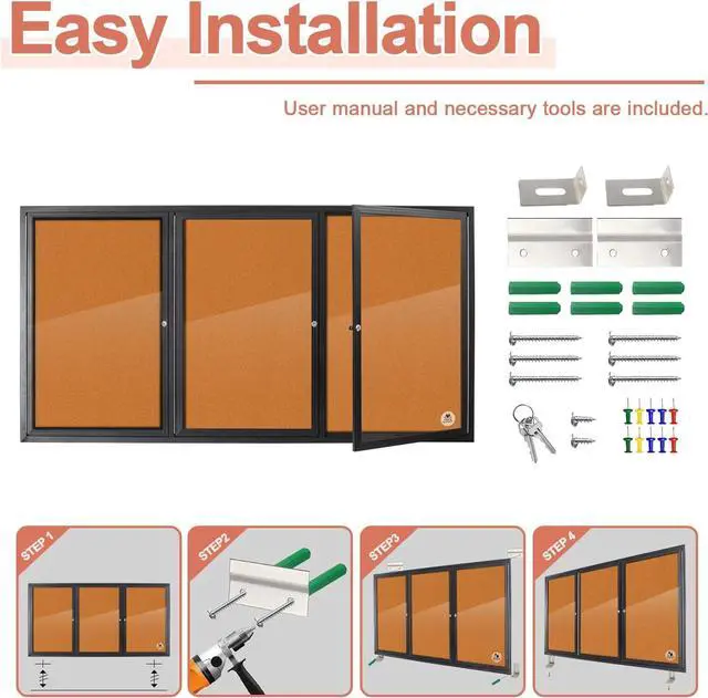 Alt view image 3 of 6 - Enclosed Bulletin Board Lockable,3 Doors Weatherproof Outdoor Noticeboard with Locking Door, Wall-Mounted Anum Framed Presentation Board, 70x36 Inch by DT