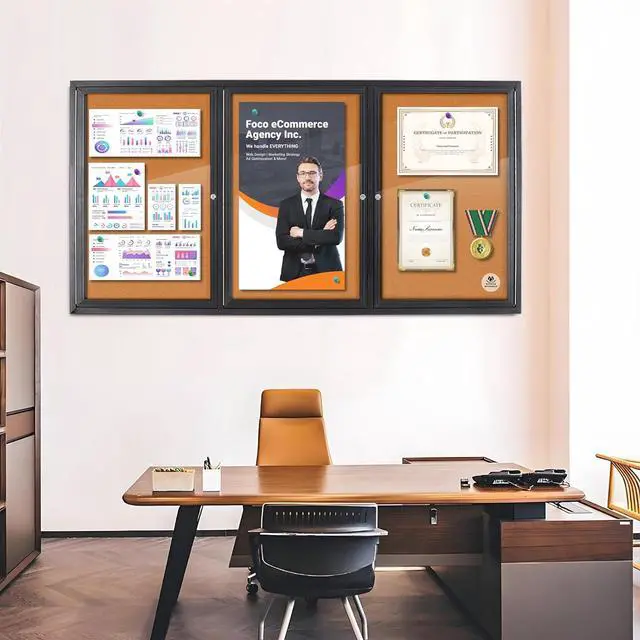 Alt view image 5 of 6 - Enclosed Bulletin Board Lockable,3 Doors Weatherproof Outdoor Noticeboard with Locking Door, Wall-Mounted Anum Framed Presentation Board, 70x36 Inch by DT