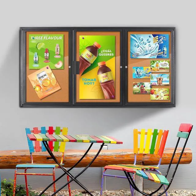 Alt view image 6 of 6 - Enclosed Bulletin Board Lockable,3 Doors Weatherproof Outdoor Noticeboard with Locking Door, Wall-Mounted Anum Framed Presentation Board, 70x36 Inch by DT