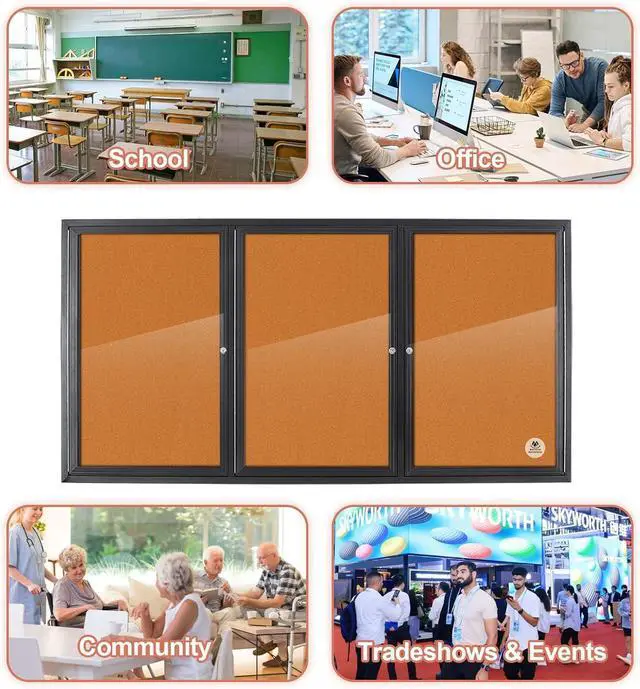 Alt view image 4 of 6 - Enclosed Bulletin Board Lockable,3 Doors Weatherproof Outdoor Noticeboard with Locking Door, Wall-Mounted Anum Framed Presentation Board, 70x36 Inch by DT
