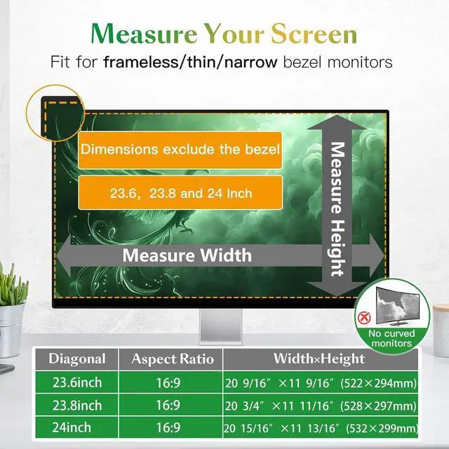 Alt view image 7 of 7 - Magnetic Computer Privacy Screen Filter 24 Inch for Frameless Monitor Thin Bezel 16:9 Widescreen, 24in Hanging Removable Anti Blue Light Eye Protection Shield, Spy Protector Panel by DT