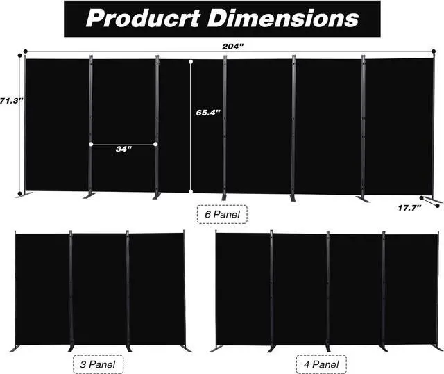 Alt view image 2 of 7 - Room Divider, 6 Panel Folding Privacy Screens with Wider Support Feet, Ft Portable Partition for Separator, 204" W X 71" H, Black by DT