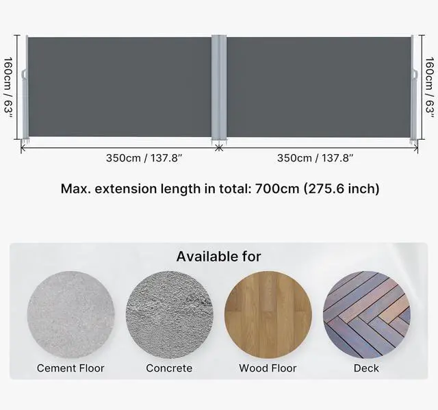 Alt view image 4 of 7 - 276"x63" Retractable Double Side Awning Full Anum Patio Outdoor Folding Privacy Screen Divider, Water & UV Resistant Sun Shade Wind Blocker for Garden, Backyard, Balcony (Dark Grey) by DT