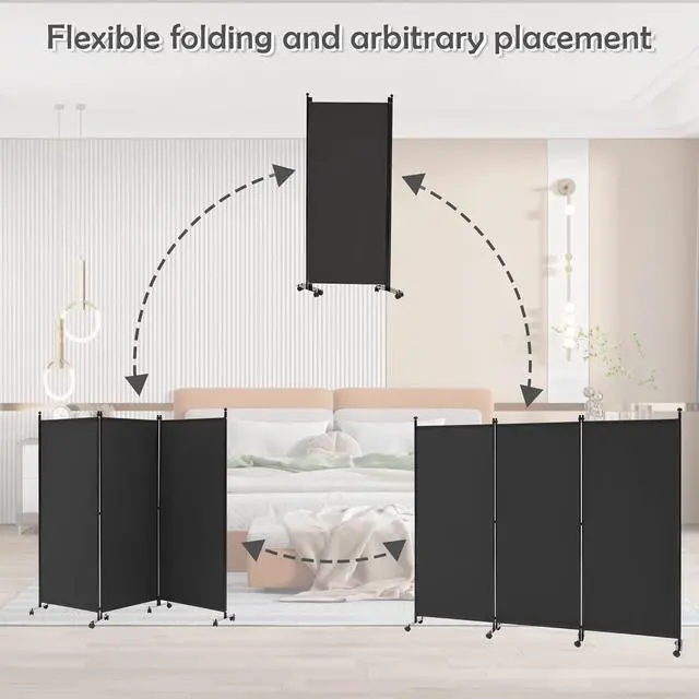Alt view image 4 of 6 - 3 Panel Rolling Room Divider, Folding Partition Privacy Screens, Freestanding Fabric Panel, Portable Wall Divider for Office, Room, Restaurant, Hospital (Black) by DT