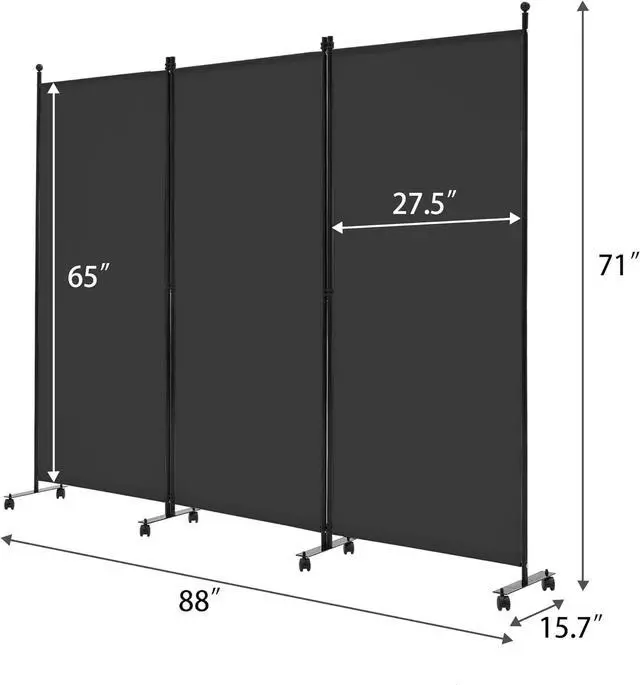 Alt view image 6 of 6 - 3 Panel Rolling Room Divider, Folding Partition Privacy Screens, Freestanding Fabric Panel, Portable Wall Divider for Office, Room, Restaurant, Hospital (Black) by DT