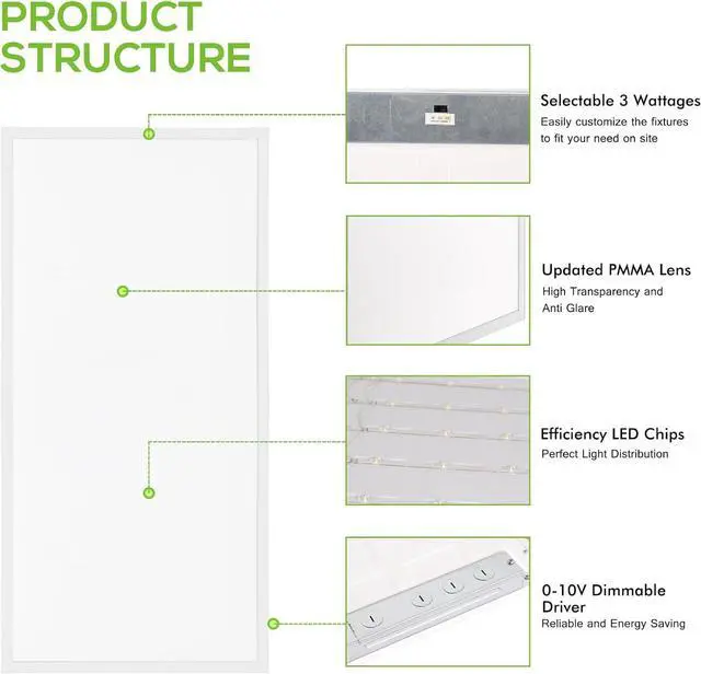 Alt view image 2 of 5 - (6 Pack 2x4 FT LED Flat Panel Troffer Light, 30/40/50W 3-Wattage Selectable, 5000K Recessed Back-Lit Drop Ceiling 0-10V Dimmable Lay in Fixture for Office by DT