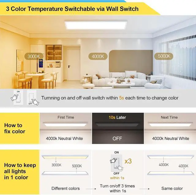 Alt view image 3 of 6 - 1x4 LED Flat Panel Light Surface Mount Ceiling Light, 5500LM 50W TRIAC 10-100% Dimmable, 3000/4000/5000k Selectable 48 Inch Fixture 120V for Garage/Kitchen - 4PACK by DT