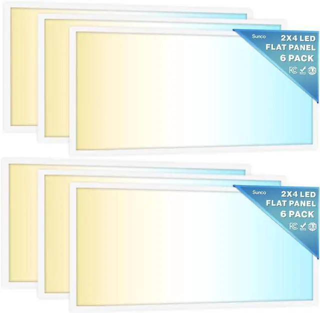 Main image of Sunco 6 Pack 2x4 LED Flat Panel Light Drop Ceiling Office Shop Commercial Warehouse Fixture, 6500 Lumens, Selectable Features, 30W/40W/50W, 4000K/5000K/6000K, Dimmable (0-10V), Dustproof ETL by DT