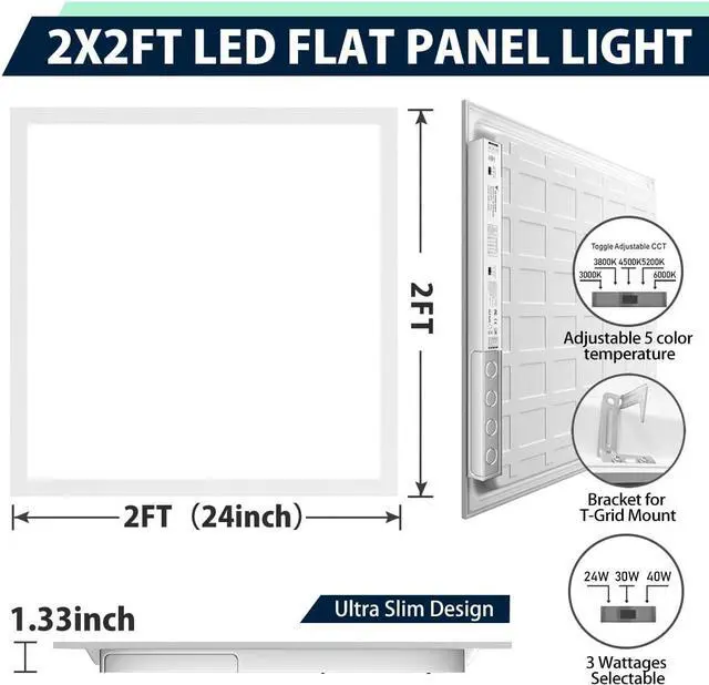 Alt view image 6 of 6 - 2x2 LED Flat Panel Light 6-Pack, Dimmable, 5CCT Options (3000K-6000K), 24W/30W/40W, Back-Lit 2x2FT Troffer Drop Ceiling for Commercial Office, ETL by DT