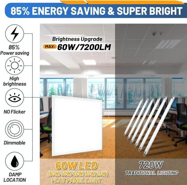 Alt view image 4 of 6 - 2x2 LED Flat Panel Light 6-Pack, 0-10V Dimmable, 5CCT 3000K-3500K-4500K-5000K-6000K, MAX 60W/7200 Lumens, Back-Lit 2x2FT Drop Ceiling Fixtures, 100-277V 50/60Hz by DT