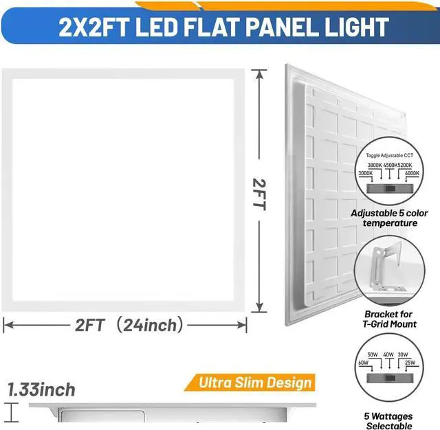 Alt view image 5 of 6 - 2x2 LED Flat Panel Light 6-Pack, 0-10V Dimmable, 5CCT 3000K-3500K-4500K-5000K-6000K, MAX 60W/7200 Lumens, Back-Lit 2x2FT Drop Ceiling Fixtures, 100-277V 50/60Hz by DT