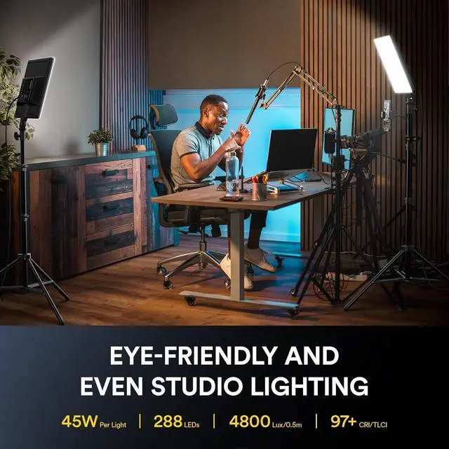 Alt view image 2 of 7 - LED Video Panel Light, 2-Pack 18" 45W Studio Lights with 78'' Stand & Remote for Recording Photography TikTok YouTube Streaming, CRI97+ Bi-Color 3200-5600K Lighting by DT