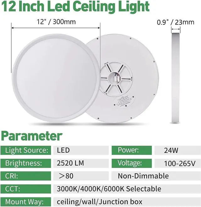 Alt view image 4 of 7 - 6PK 12 Inch LED Flush Mount Ceiling Light, 24W, 2520LM, 3000K/4000K/6000K CCT Selectable, Round Flat Panel Light Low Profile Fitures for Hallway, Kitchen, Bedroom, Laundry Room by DT