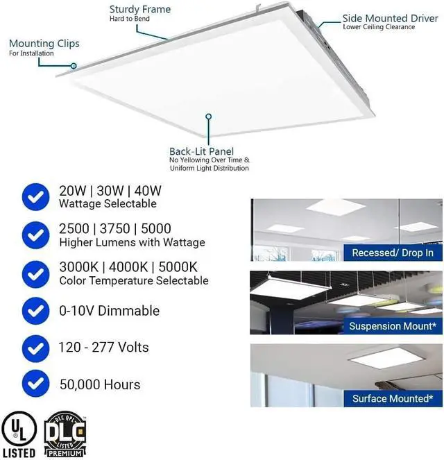 Alt view image 2 of 5 - 2x2 FT LED Light Flat Panel,20/30/40W, Color Temperature Selectable 3K | 4K 5K, Dimmable Recessed Drop Ceiling Lights, 2500/3750/5000 Lumens, Lay in Fixture for Office, 120-277V, UL DLC(12 Pack) by DT