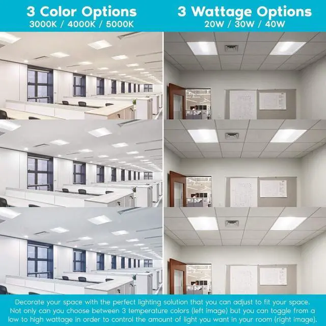 Alt view image 3 of 5 - 2x2 FT LED Light Flat Panel,20/30/40W, Color Temperature Selectable 3K | 4K 5K, Dimmable Recessed Drop Ceiling Lights, 2500/3750/5000 Lumens, Lay in Fixture for Office, 120-277V, UL DLC(12 Pack) by DT