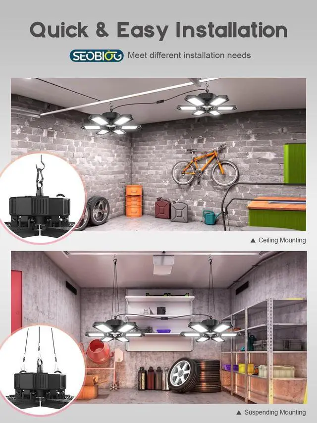 Alt view image 5 of 7 - LED Garage Lights 4 Pack, 200W 20000LM Plug in Linkable Shop Light, 6500K Ceiling Light Fixtures with 6+1 Deformable Panels for Garage, Work Bench (Built-in ON/Off Switch) by DT