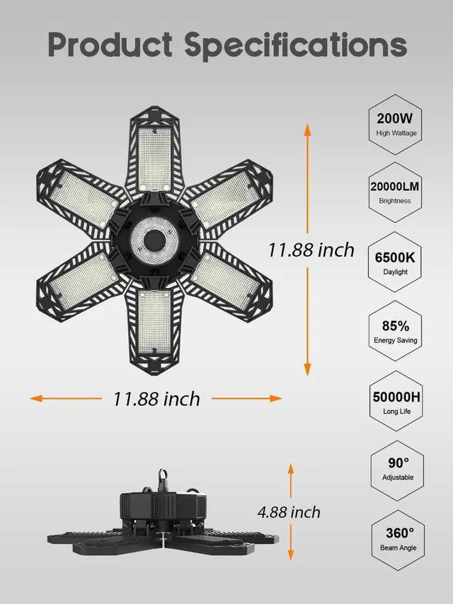 Alt view image 7 of 7 - LED Garage Lights 4 Pack, 200W 20000LM Plug in Linkable Shop Light, 6500K Ceiling Light Fixtures with 6+1 Deformable Panels for Garage, Work Bench (Built-in ON/Off Switch) by DT
