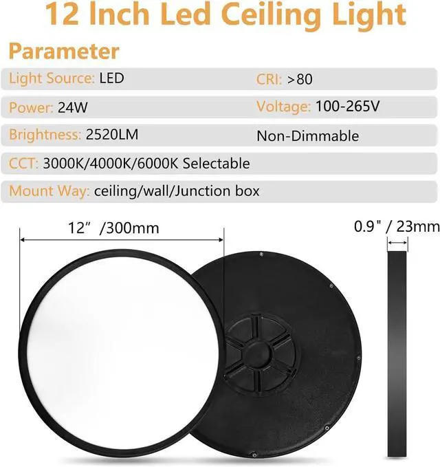 Alt view image 6 of 7 - 6PK 12 Inch LED Flush Mount Ceiling Light, 24W, 2520LM, 3000K/4000K/6000K CCT Selectable Super Slim Low Profile Close to Round Flat Panel Fixture for Hallway,Bedroom,kitchen by DT