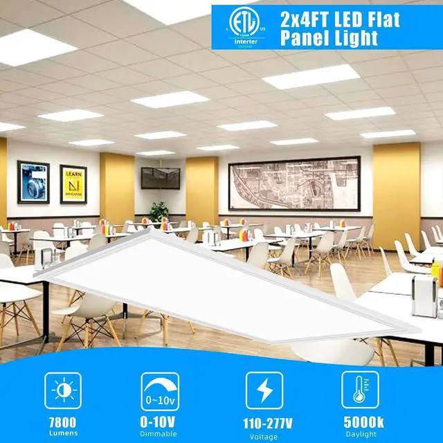 Alt view image 2 of 7 - 2x4 LED Flat Panel Light, 4 Pack 7800LM Drop Ceiling Light Fixture, 5000K Lamp 0-10V Dimmable Recessed Edge-Lit Troffer Fixture for Office Kitchen, ETL Listed by DT