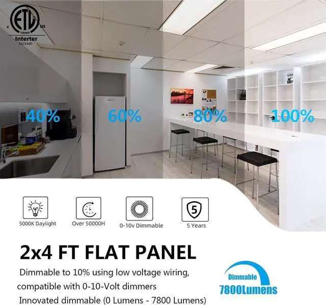 Alt view image 3 of 7 - 2x4 LED Flat Panel Light, 4 Pack 7800LM Drop Ceiling Light Fixture, 5000K Lamp 0-10V Dimmable Recessed Edge-Lit Troffer Fixture for Office Kitchen, ETL Listed by DT