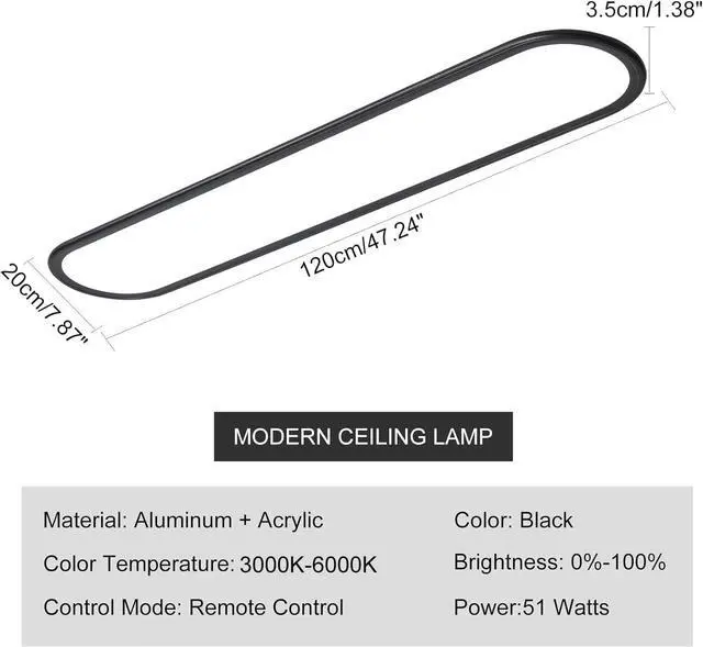 Alt view image 4 of 7 - LED Flat Panel Long Ceiling Light Fixture for Shop Lighting, 47.24" High Brightness Linear Lamp, 51W Dimmable Low Profile Flush Mount Laundry Kitchen Office, Black by DT