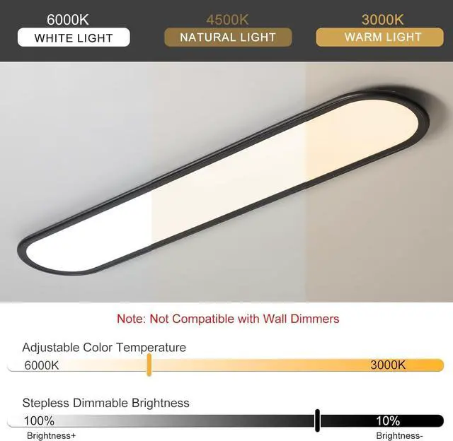 Alt view image 5 of 7 - LED Flat Panel Long Ceiling Light Fixture for Shop Lighting, 47.24" High Brightness Linear Lamp, 51W Dimmable Low Profile Flush Mount Laundry Kitchen Office, Black by DT