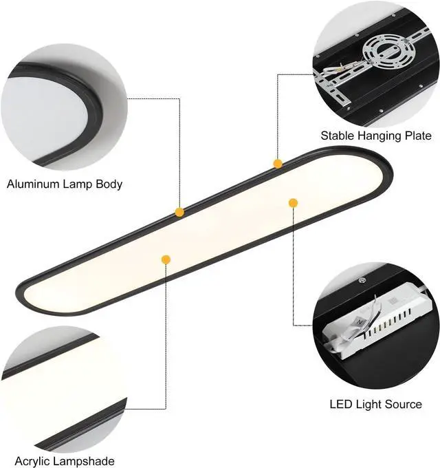 Alt view image 6 of 7 - LED Flat Panel Long Ceiling Light Fixture for Shop Lighting, 47.24" High Brightness Linear Lamp, 51W Dimmable Low Profile Flush Mount Laundry Kitchen Office, Black by DT
