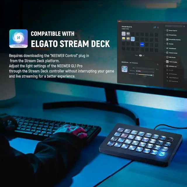 Alt view image 6 of 7 - 15.5" LED Streaming Key Light, Clamp on Desk Panel Video Lighting for Gaming Recording Zoom Call, CRI97+, 2.4G PC/Mac iOS/Android APP Control, Compatible with Elgato Stream Deck, GL1 PRO Black by DT