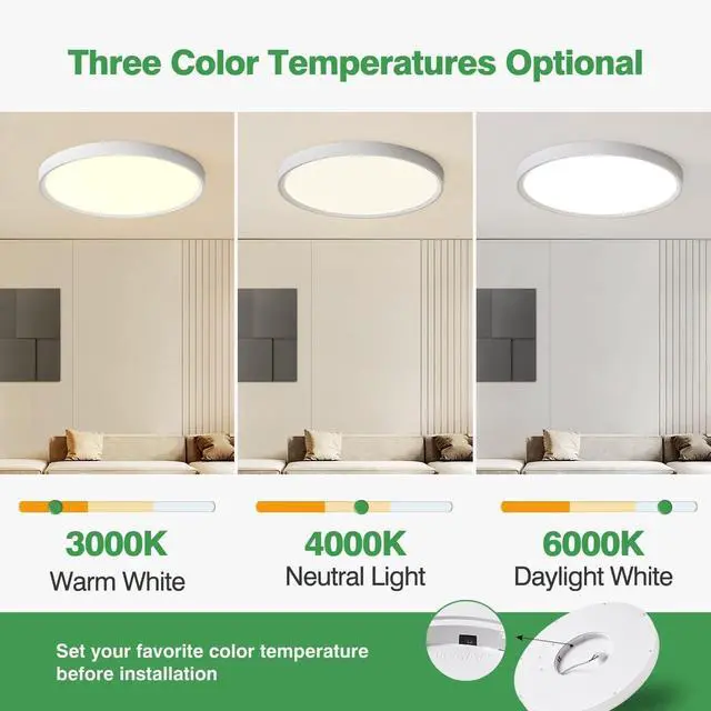 Alt view image 2 of 7 - 20 Inch LED Flush Mount Ceiling Light, 40W, 4350LM, Selectable 3000K/4000K/6000K CCT, White Round Flat Panel Light Fits Hallway, Kitchen, Bedroom, Laundry Room by DT