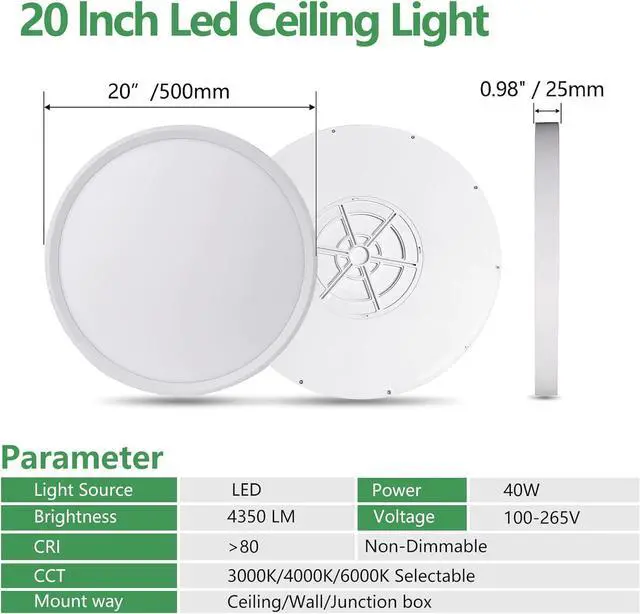 Alt view image 5 of 7 - 20 Inch LED Flush Mount Ceiling Light, 40W, 4350LM, Selectable 3000K/4000K/6000K CCT, White Round Flat Panel Light Fits Hallway, Kitchen, Bedroom, Laundry Room by DT