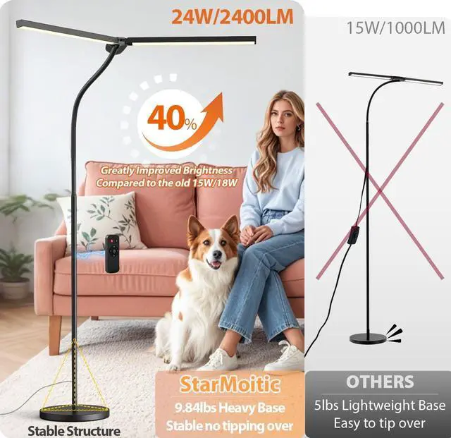Alt view image 2 of 7 - Led Floor Lamp for Office, 24W 2400LM Tall Reading Lamp, Dual Head Standing Task with Remote, Large Goose Neck Lash Light, Craft Work Lights, Puzzle Lights Tattoo, Piano, Sewing by DT