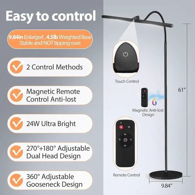 Alt view image 3 of 7 - Led Floor Lamp for Office, 24W 2400LM Tall Reading Lamp, Dual Head Standing Task with Remote, Large Goose Neck Lash Light, Craft Work Lights, Puzzle Lights Tattoo, Piano, Sewing by DT