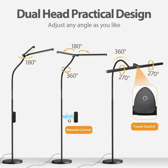 Alt view image 4 of 7 - Led Floor Lamp for Office, 24W 2400LM Tall Reading Lamp, Dual Head Standing Task with Remote, Large Goose Neck Lash Light, Craft Work Lights, Puzzle Lights Tattoo, Piano, Sewing by DT