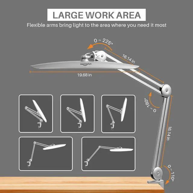 Alt view image 3 of 6 - LED Desk Lamp with Clamp, Dimming Task for Reading Desktop Office Workbench Table Architect Sewing Study Home Craft, Bright 117PCS LEDs, 2200 Lumens 20 Inch Metal Swivel Arm Work by DT