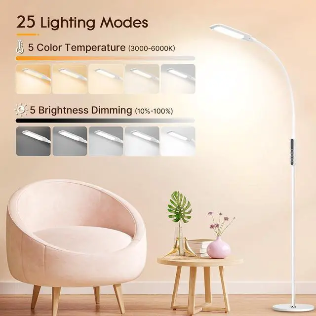 Alt view image 4 of 7 - LED Floor Lamp, 12W Remote & Touch Reading Standing Light for Living Room Bedroom, Flexible Gooseneck Task Light, 5 Color Temperatures, Ll Brightness - White by DT
