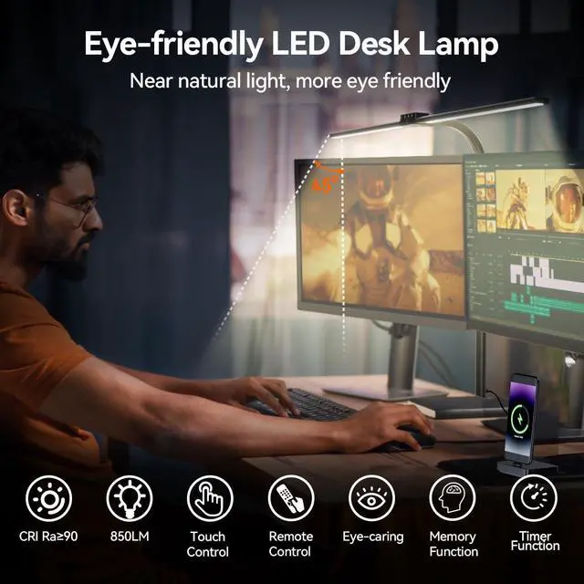 Alt view image 2 of 7 - LED Desk Lamp for Home Office, 24W Ultra Bright Architect Task Light with Clamp & USB Port, 5 Colors Dimming Touch Control, Flexible Gooseneck Reading, Crafting, Gaming- 50 Lighting Modes by DT