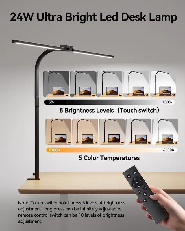 Alt view image 3 of 7 - LED Desk Lamp for Home Office, 24W Ultra Bright Architect Task Light with Clamp & USB Port, 5 Colors Dimming Touch Control, Flexible Gooseneck Reading, Crafting, Gaming- 50 Lighting Modes by DT