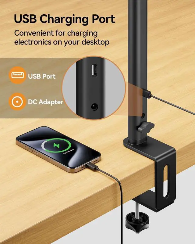 Alt view image 6 of 7 - LED Desk Lamp for Home Office, 24W Ultra Bright Architect Task Light with Clamp & USB Port, 5 Colors Dimming Touch Control, Flexible Gooseneck Reading, Crafting, Gaming- 50 Lighting Modes by DT