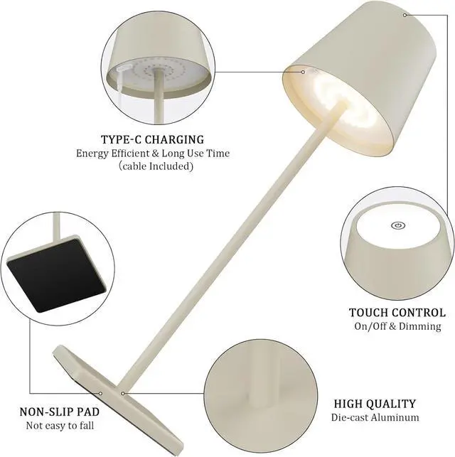 Alt view image 3 of 7 - 2-Pack LED Cordless Table Lamp, Rechargeable Battery Desk lamp 3W 5500mAh Battery Operated Stepless Dimming Modern Portable Table Light for Restaurant/Bedroom/Outdoor IP54 Waterproof (Off White)