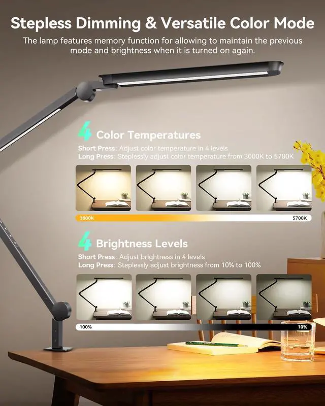 Alt view image 3 of 7 - LED Desk Lamp with Clamp, Architect Remote, Flexible Swing Arm Light Dual Light, Stepless Dimming, 5 Color Mode & 4 Brightness for Sewing Painting Drafting Crafting by DT