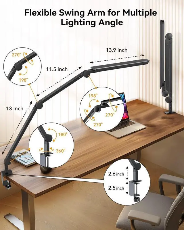 Alt view image 4 of 7 - LED Desk Lamp with Clamp, Architect Remote, Flexible Swing Arm Light Dual Light, Stepless Dimming, 5 Color Mode & 4 Brightness for Sewing Painting Drafting Crafting by DT