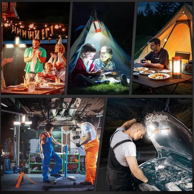 Alt view image 2 of 7 - 12000mAh Camping Light with Stand, Rechargeable Work Light, 10000 Lumen Dimmable Cordless 3 LED Lamp Heads, Magnetic Emergency Flashlight 79" Detachable Tripod by DT
