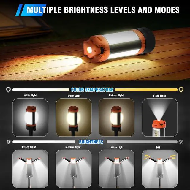 Alt view image 5 of 7 - 12000mAh Camping Light with Stand, Rechargeable Work Light, 10000 Lumen Dimmable Cordless 3 LED Lamp Heads, Magnetic Emergency Flashlight 79" Detachable Tripod by DT
