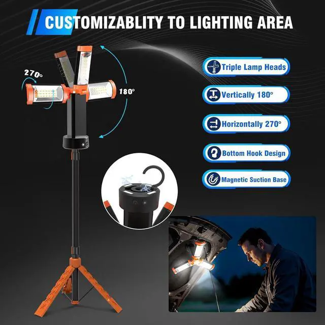 Alt view image 6 of 7 - 12000mAh Camping Light with Stand, Rechargeable Work Light, 10000 Lumen Dimmable Cordless 3 LED Lamp Heads, Magnetic Emergency Flashlight 79" Detachable Tripod by DT