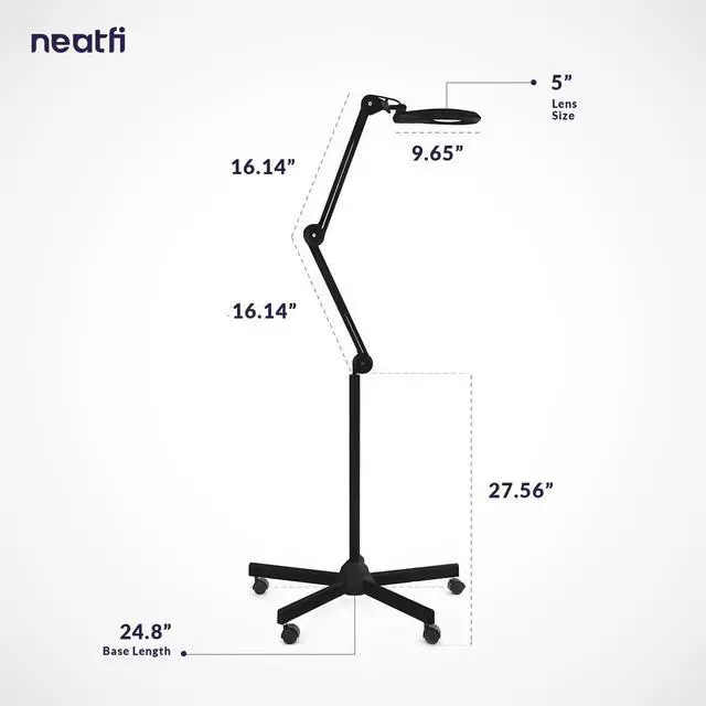 Alt view image 7 of 7 - (New Model) Bifocals 1,200 Lumens LED Magnifying Floor Lamp with Rolling Base, 5 Diopter 20 Diopter, Dimmable, Adjustable Arm (5 Inches, Black) by DT