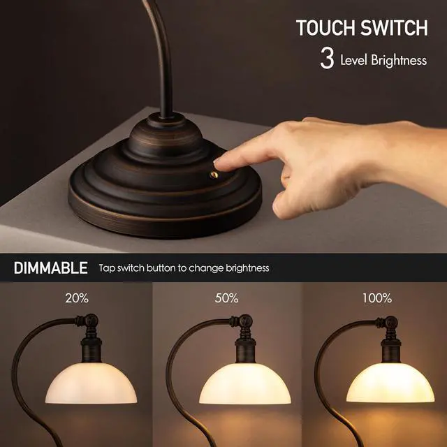 Alt view image 2 of 7 - Bs - Cordless LED Table Lamp, Battery-Operated, Rechargeable, 3-Ll Dimming, Universal USB-C Charging, 180° Swivel Head, White Jade Glass Shade, Oil Rubbed Bronze by DT