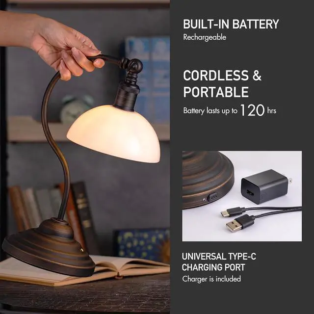 Alt view image 3 of 7 - Bs - Cordless LED Table Lamp, Battery-Operated, Rechargeable, 3-Ll Dimming, Universal USB-C Charging, 180° Swivel Head, White Jade Glass Shade, Oil Rubbed Bronze by DT